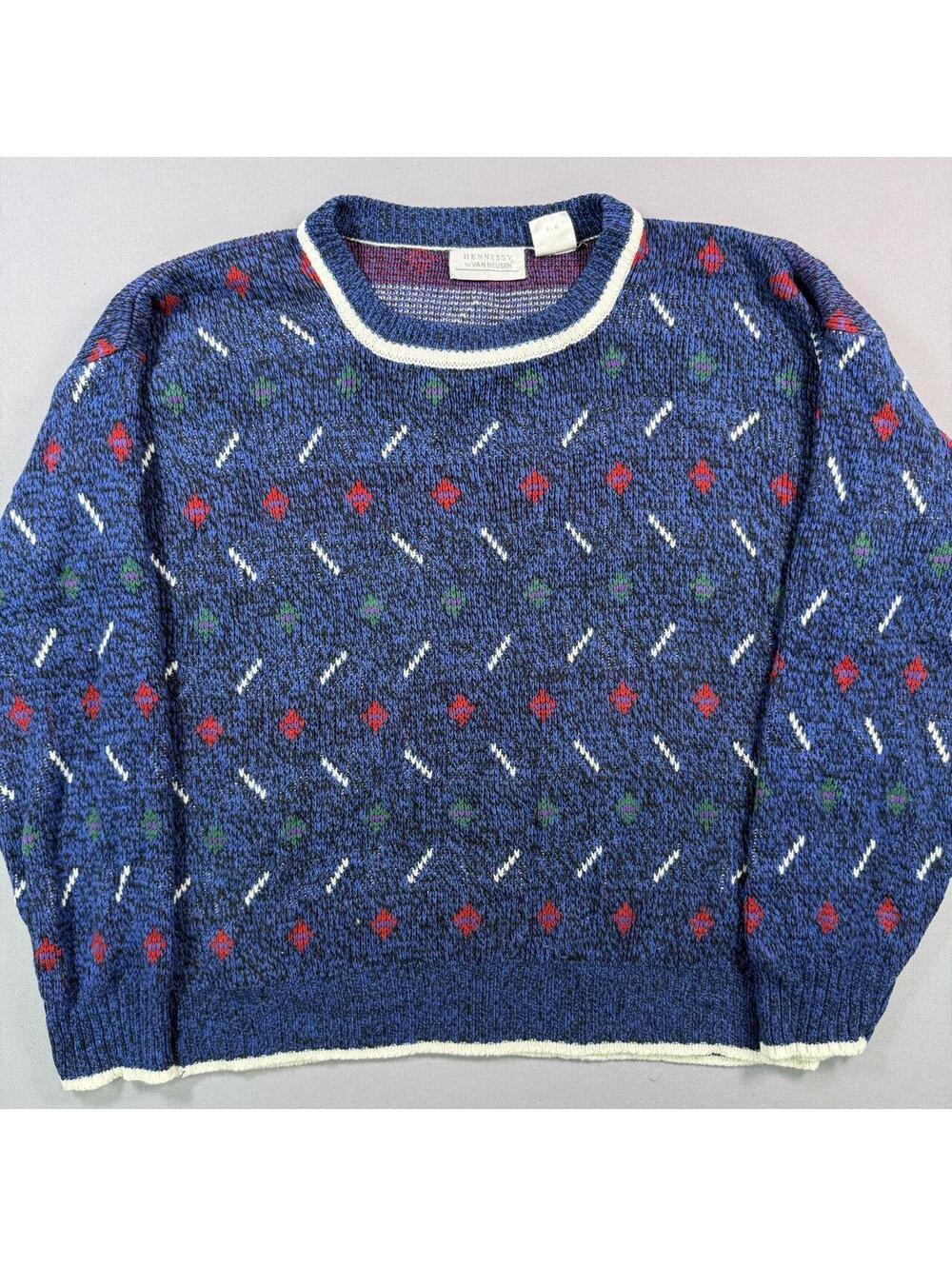VTG 90s Hennessy Van Heusen Grandpa Sweater Blue Geometric Womens M - Picture 1 of 7